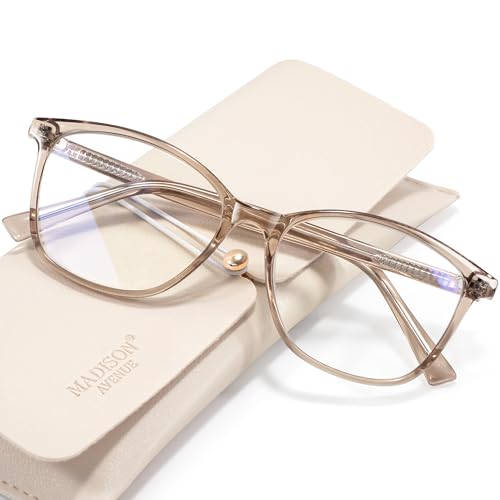 Madison Avenue Square Vintage TR90 Blue Light Blocking Reading Glasses for Women with Case, Anti Glare/Eyestrain Computer Readers Coffee Brown +2.0