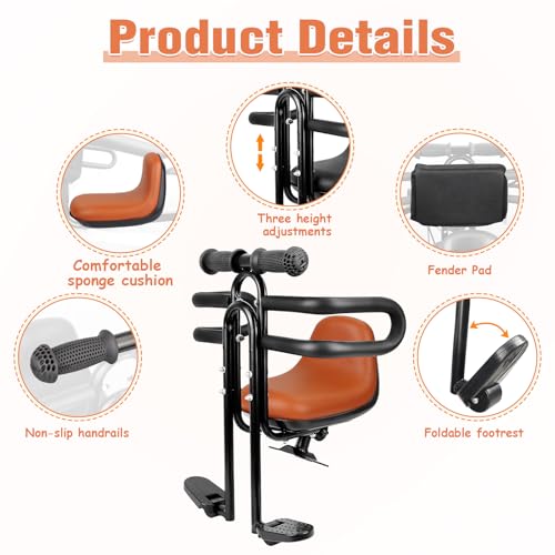 MEGHNA Bike Child Seat Front Mounted for Adult Bike Comfortable Baby Bike Seat with Backrest Adjustable Height and Position Bicycle Child Seat with Foot Pedals for Baby Toddler (Brown)