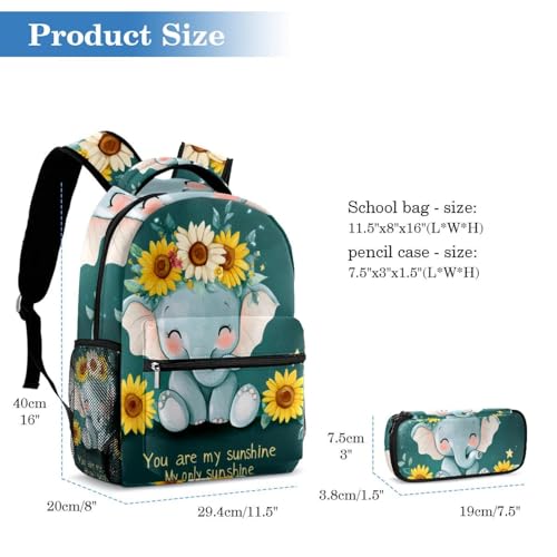 Sac à dos tournesol éléphant 2 pièces avec trousse pour élèves - 2