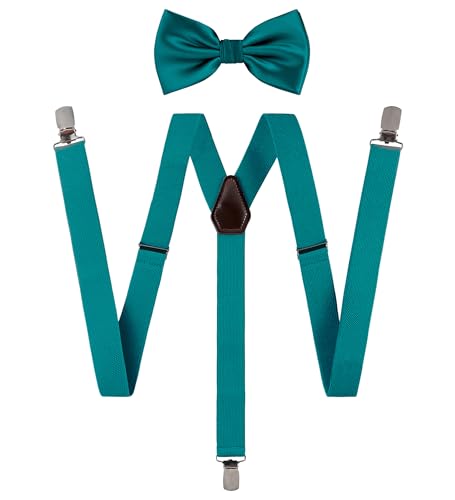 Tie G U Style Solid Color Men's Suspender + Woven Bow Tie Set for Wedding : Vivid Color, Adjustable Brace, Strong Clip, Elastic Band, Teal, Regular