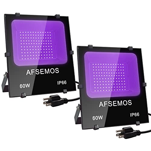 2 Pack 60W LED Black Lights, AFSEMOS Black Light for Glow Party, Blacklight Flood Light with Plug, IP66 Waterproof, for Glow in The Dark Party, Room, Body Paint, Fluorescent Poster, Curing