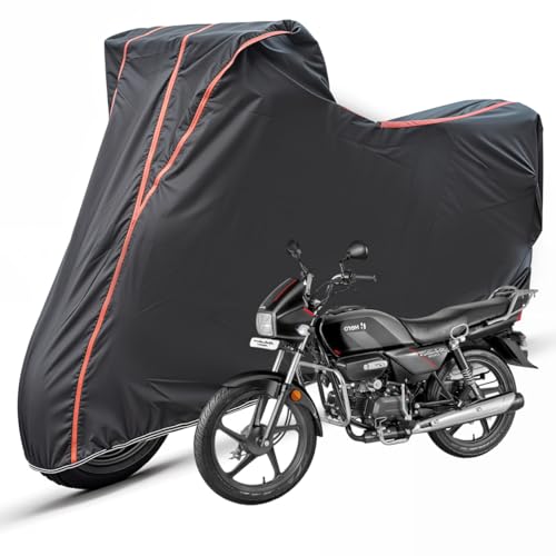 Image of Two Wheelers Bike Body Cover Compatible for Hero Splendor Plus, UV Resistant, Dustproof, Triple Stitched, Elastic Bottom, Red Piping Motorcycle Cover (Black, Pack of 1)
