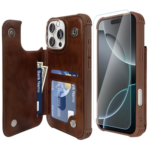 VANAVAGY iPhone 16 Pro Geldbörse Fall für Frauen und Männer, Leder Flip Folio Telefon Abdeckung passt magnetische Autohalterung mit Kreditkarteninhaber, Braun