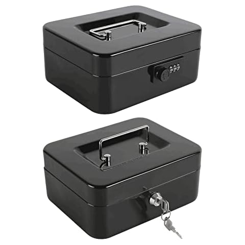 Xydled Steel Cash Box Safe with Combination&key Lock,Money Safe Box with Removable Coin Tray,Medium,7.87"x 6.30"x 3.54",Black Cover