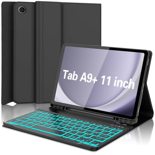 Keyboard Case for Galaxy Tab A9 Plus 5G 11 Inch 2023 (SM-X210/X216/X218), 7 Color Backlit Detachable Tablet Keyboard Cover with S Pen Holder for Samsung Galaxy Tab A9+ 11' (Black)