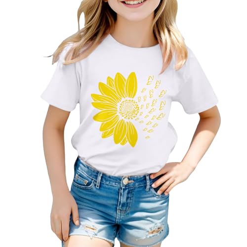 Girls Sunflower T Shirt Summer Cute Floral Print Kids Short Sleeve Tee Crew Neck Cotton Top Casual Loose Toddler School Athletic Tshirt Soft Comfy Outdoor (White, 4-5 Years)