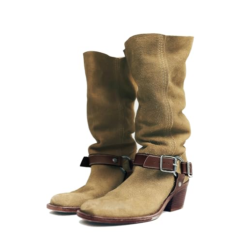 Arqa Women's Double Buckle Cowboy Boots Squared Toe Pull on Knee High Boots Fashionable Stacked Chunky Heels Booties