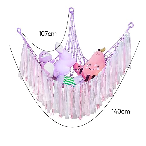 Toy Storage Hammock Stuffed Animals Net Hanging Toy Net Hammocks for Nursery Kids Room Macrame Boho Storage Hammock (Purple) - Image 5