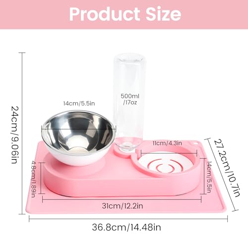 Nuzzletail Double Elevated Dog Cat Food Water Bowls, Stainless Steel Cat Food Water Bowl with No-Spill Mat, Raised Tilted Dishes for Indoor Kitten, Puppies, Small or Medium Size Dogs Cats, Pink by Nuzzletail - Used condition - Image 2
