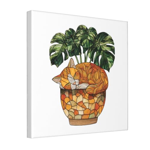 Lienzo de gato durmiendo en maceta para decorar tu dormitorio con arte estético y moderno