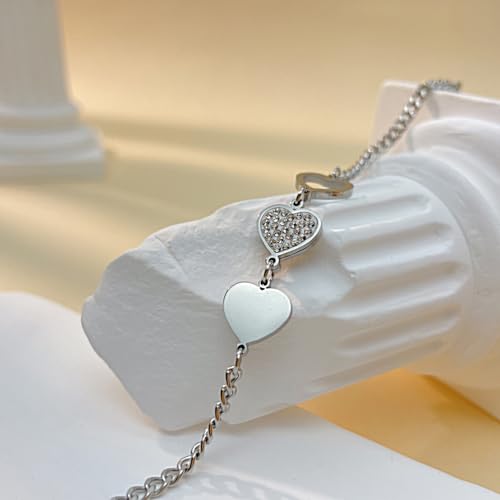 Image of Fashion Stainless Steel Cubic Zirconia Hearts Charm Link Chain Bracelet(White)