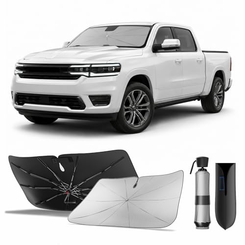 for Ram 1500/2500/3500 2015-2026 | Zanch Windshield Sun Shade Umbrella [99% UV Protection, Up to 75℉ Cooler] Reflective Heat Shield, Built to Last, Snug Fit, Foldable Front Sunshade Umbrella