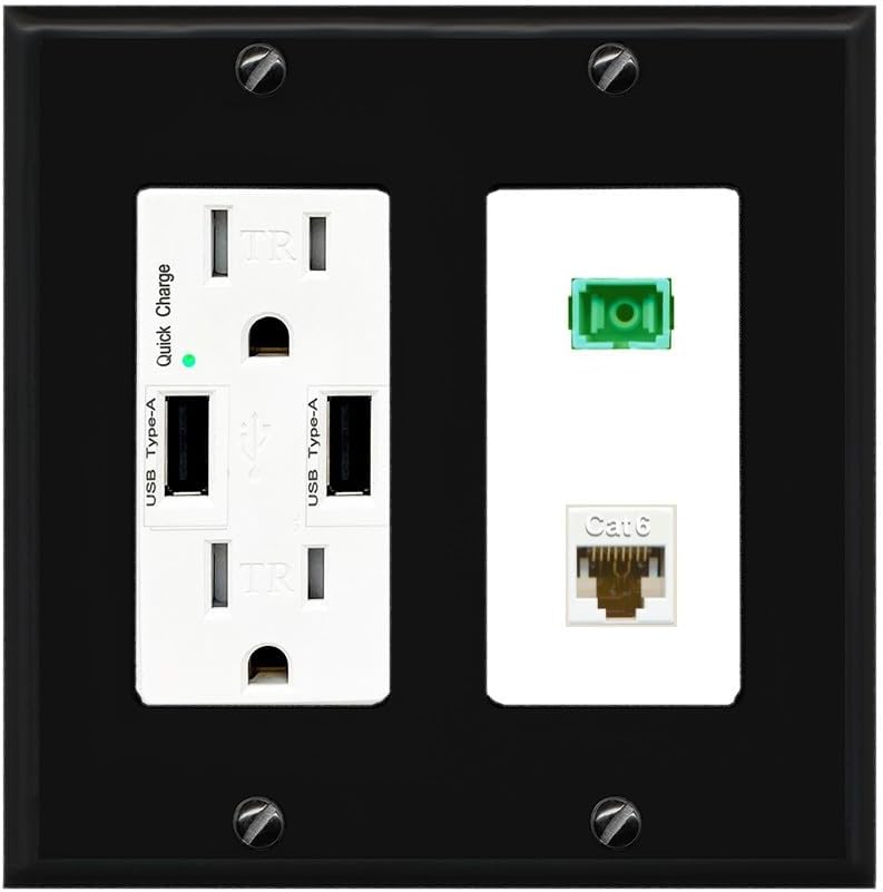RiteAV 1 Port Fiber Optic Jack SC Simplex APC + Cat6 Wall Plate - USB Charger Outlet [Stainless/White]