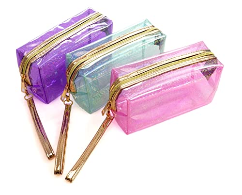 YunZh 3Pcs Waterproof Cosmetic Bags, PVC Transparent Zippered Toiletry Bag, Clear Portable Toiletries Travel Bag Set for Makeup, Brushes, Women Girls