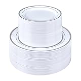 BESTSTAR 200PCS Silver Plastic Plates Set, 100 10.25 inch Dinner Plates and 100 7.5 inch Dessert Plates, Premium Disposable Plates for Party, Wedding