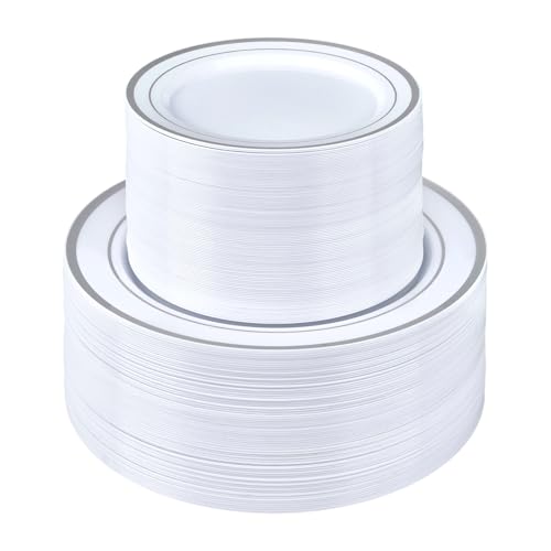 BESTSTAR 200PCS Silver Plastic Plates Set, 100 10.25 inch Dinner Plates and 100 7.5 inch Dessert Plates, Premium Disposable Plates for Party, Wedding
