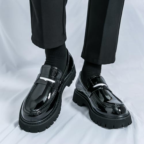 Mens Fashion Patent Leather Platform Slip-On Dress Penny Loafers Round Toe Chunky Heels Non-Slip Casual Shoes for Formal Business Wedding Prom 5