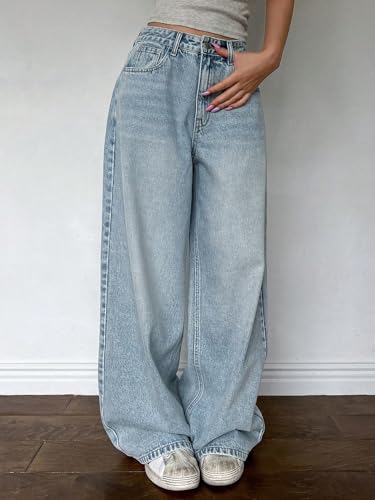 Image of Shasmi Women's Black Wide Leg Baggy Jeans | Loose Fit Denim Pants for Women | High Rise Streetwear | Casual Oversized Wide Leg Denim | Korean Style Baggy Trousers with Pockets (Jeans 296)