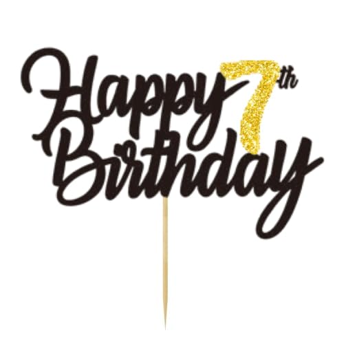 Happy 7th Birthday Cake Toppers Glitter 7th Anniversary Cake Topper 7 Years Loved Bday Decorations 7 Gold Birthday Cake Decorations Seven Party Supplies for Women Men(Black Gold)