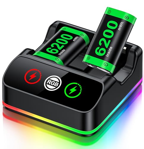 HELLCOOL Paquete de batería para controlador Xbox, 2 baterías recargables de 6200 mWh con base de carga Xbox/Cool RGB/cable de carga, paquete de batería de cargador para Xbox Series X|S,Xbox