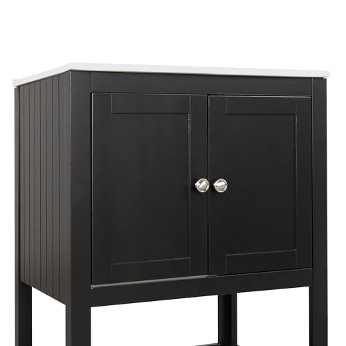 24" Bathroom Vanity with Ceramic Sink Top Set, Cabinet with Adjustable Shelf and Open Storage Space, Soft-Closing Door, Solid Wood Frame, Black by Merax - Image 5