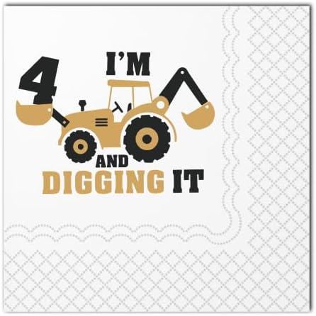 Miniatura 7 de Servilletas de cóctel de construcción de 4 cumpleaños, paquete de 50 unidades, diseño de excavadora con texto en inglés "I I'm 4 And Digging It"