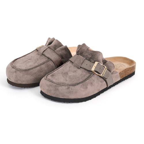 PERLETTI Ciabatte Donna Comode Leggere Effetto Scamosciato - Pantofole Donne Invernali Estive Casa Suola Antiscivolo Chiuse con Rouche - Sandali Mocassino Comfort Ragazza (Mocassino Tortora, EU 39)