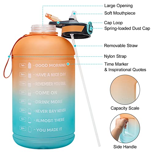 fantaxi Garrafa de água de 1 galão com marcador de tempo BPA FREE 3.78L Garrafa esportiva com palha