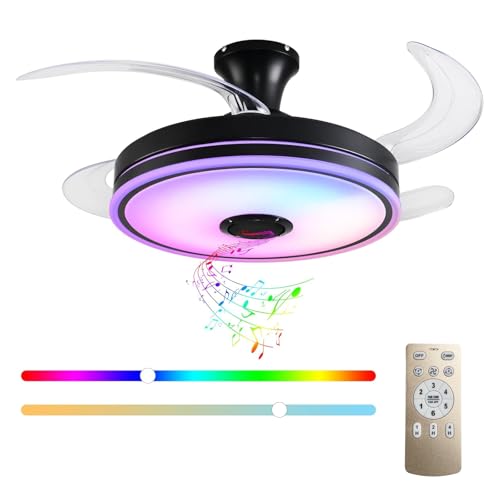 HENTAG 42'' Retractable Ceiling Fan with Lights, Smart Ceiling Fan Light with Bluetooth Speaker, App Control for Dimming & RGB Color Change Reversible Bedroom Living Room