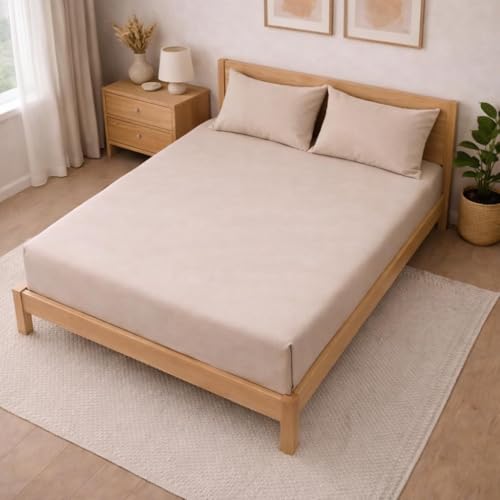 Image of THE HOME STYLE Solid Plain Cotton Feel Fitted Bedsheet King Size (72x78 inches) | 2 Pillow Covers | 300 TC | Elastic Fit | Fits Upto 8 Inch Mattress (Sand)