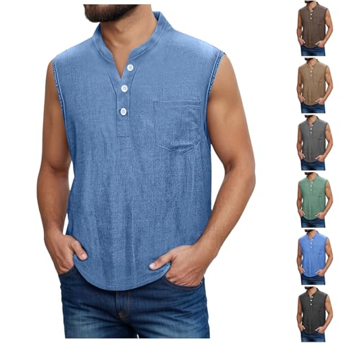 Tank Tops Men Henley Shirts for Men Sleeveless Muscle Gym Workout Running Beach Summer Vintage Button Down Washed Tank Tops4