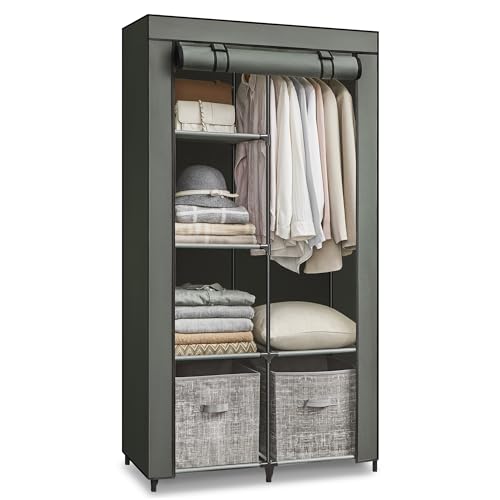 SONGMICS Armario de Tela, Armario de Ropa, con 1 Barra Colgante, 6 Estantes, Tela no Tejida, Marco de Metal, 45 x 88 x 168 cm, para Dormitorio, Pasillo, Verde Oliva RYG084C02