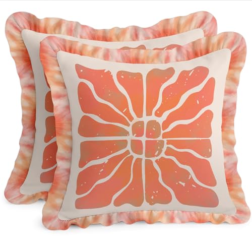 Vargottam Cotton Twill Frill Cushion Covers 16 Inch Square, Set of 2, Reversible Print, Farmhouse Throw Pillow Covers with Hidden Zipper - Floral Print