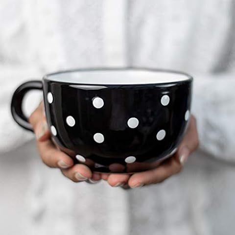 City to Cottage® Black and White | Polka Dot Spotty | Designer Handmade Hand Painted | Unique Ceramic Extra Large 17.5oz/500ml | Cappuccino Coffee Tea Soup Mugs Cups with Handle | Gift Cover