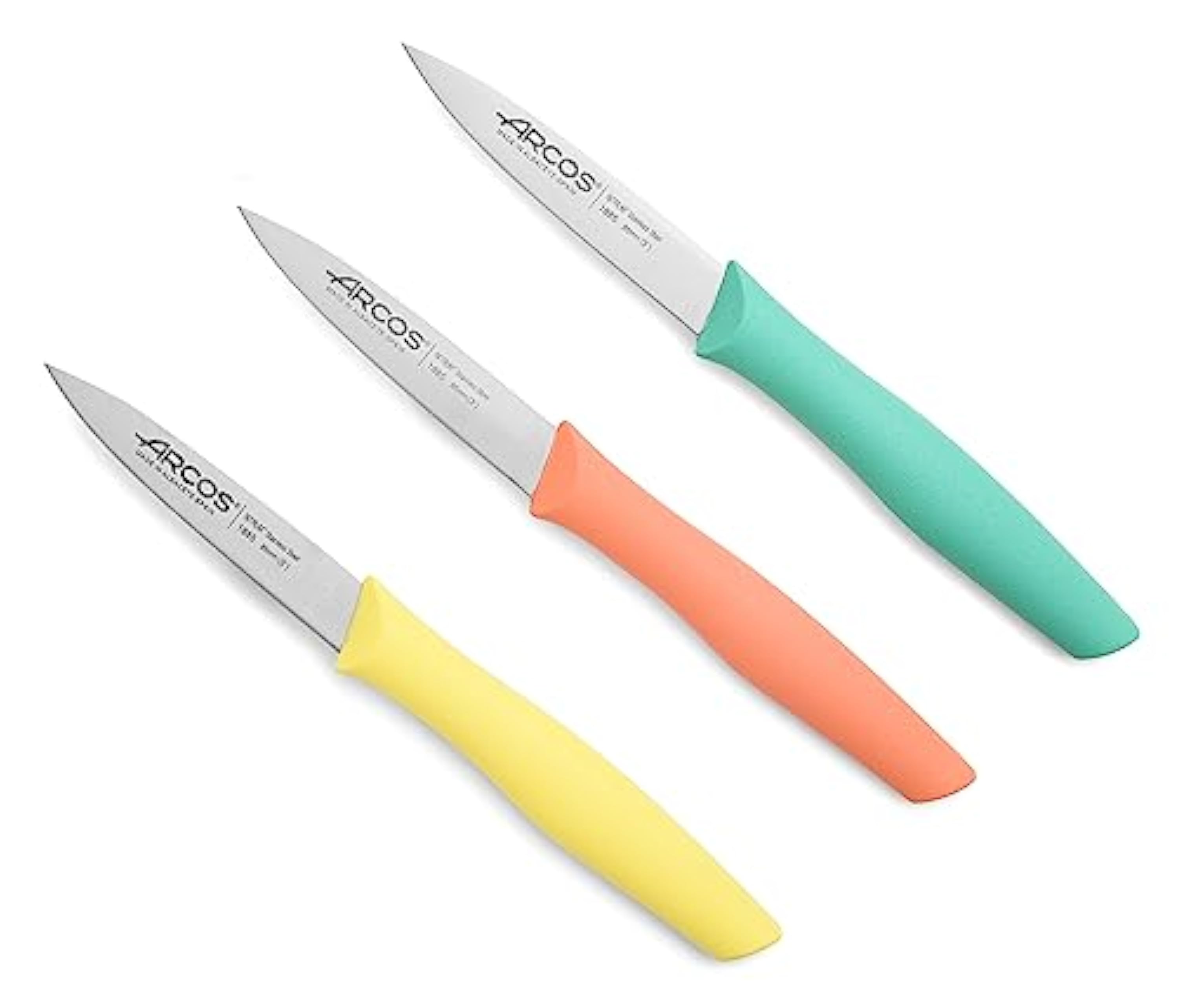 Arcos Set Cuchillos Mondadores. 3 Piezas Acero Inoxidable. Cuchillos Cocina Peladores Multicolor para Pelar Frutas y Verduras. Mango Ergonómico Polipropileno. Serie Nova. Naranja, Amarillo y Azul.