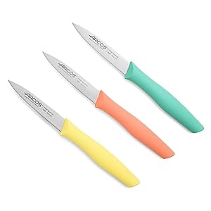 Arcos Paring Knife Set of 3 Pieces 4 Inch Stainless Steel. Colorful Kitchen Knives for Peeling Fruits and Vegetables. Ergonomic Polypropylene Handle. Series Nova. Color Orange, Yellow and Blue.