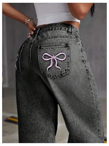 Womens Bowknot Embroidery Y2k Bow Jeans High Waisted Straight Denim Pants Basic Wide Leg Jeans2