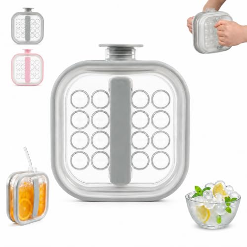 Portable Silicone Ice Ball Maker Kettle, 2-in-1 Round Ice Cube Mold & Drink Pitcher, 18 Balls Leakproof Ice Tray with Handle, Quick Release Ice Bottle for Cold Drinks, Home, Camping and Picnic, Grey