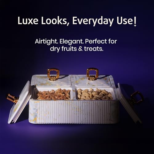 Image of Selvel Global Square Dryfruit Box with 4 Compartments | Airtight Multi-Purpose Storage Box with Tray & Lid | Ideal for Diwali Gifting | 500ml Each | BPA-Free (Italian White)
