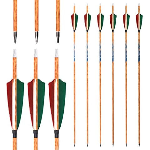 ACCMOS 6pcs Wood-like Carbon Shaft Arrows Spine 300 350 400 500 600 700 Hunting Arrow ID 6.2mm 4inch Turkey Feather Red Green White ID 6.2mm for All Bow Archery (29inch, Spine 700) Cover