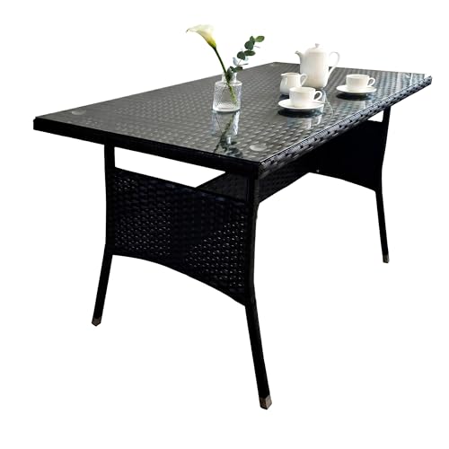 Relaxdays Table de Jardin en polyrattan Noir, résistante, 70x100x60 cm, avec Plateau en Verre pour Balcon et terrasse