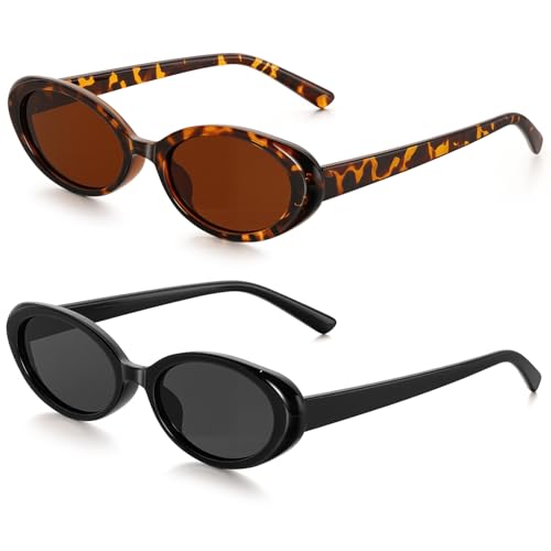 J.Fée Retro Sonnenbrille Damen, Elegant Damen Sonnenbrille, Dekoratives Aesthetic Accessoires Sonnenbrillen UV Schutz, Schwarz und Dunkelbraunr, 2 Paara