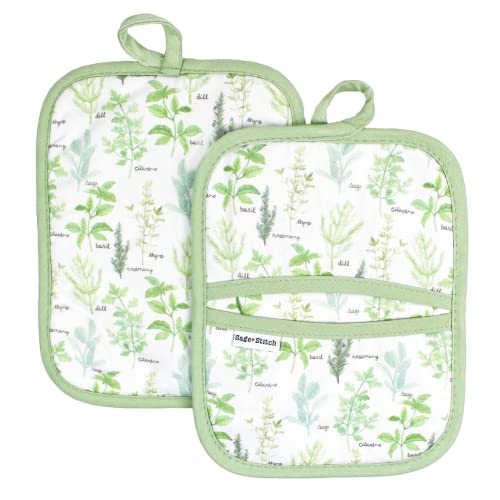 Sage+Stitch Heat Resistant Designer Pot Holders With Hand Pockets And Hanging Loops | Set Of 2 100% Cotton Dual Function Kitchen Pot Holders And Trivets | 7'' X 9'' | Green Herbs #TOP6