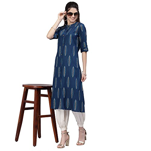 Image of Stylum Women's Turquoise Block Printed Rayon A-Line Kurta | Office Kurtas for Women (Available in Plus Sizes)