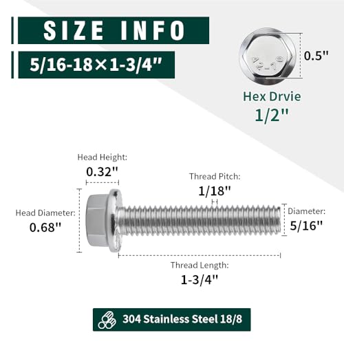 Image of 5 /16-18 x 1-3 /4 inch Flanged Hex Head Bolts Screws, 304 Stainless Steel 18-8, Full Thread, Coarse Thread, 10 PCS
