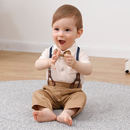 Image of nilikastta Baby Boy Wedding Outfits Infant Baby Boy Clothes Suit Dress Shirts /Suspender Pants /Bowtie /Beret Hat 0-18M