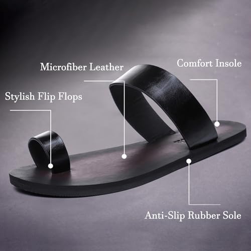 Lossarye Men's Black PU Leather Flat Flip Flops Slide Sandals Comfortable Toe Ring Slip On Casual Thong Sandals Summer Non-Slip Beach Slippers for Indoor Outdoor3