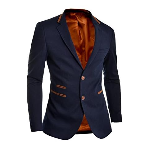 D&R Fashion Mens Blazer Jacket Blue Slim Fit Elbow Patches Smart Casual Sport Coat 2XL 46 Cover