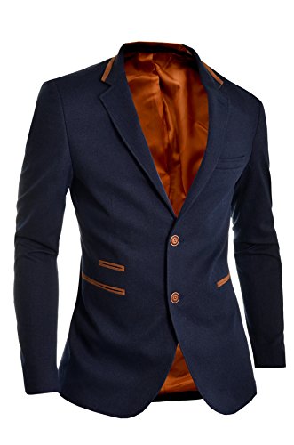 D&R Fashion para Hombre Chaqueta de la Chaqueta Azul Slim Fit Codo Parches Inteligente Escudo Casual Deportivo
