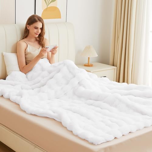 White Faux Rabbit Fuzzy Fur Queen Throw Fluffy Blanket 90x90 Soft Furry Blanket Queen Size for Bed Couch Cozy Bedroom Decor 1000 GSM